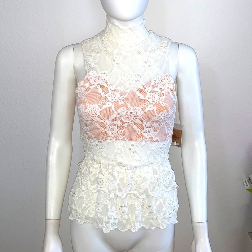 NIGHTCAP Free People Anthropologie boho white lace peek a boo peplum top 1 XS